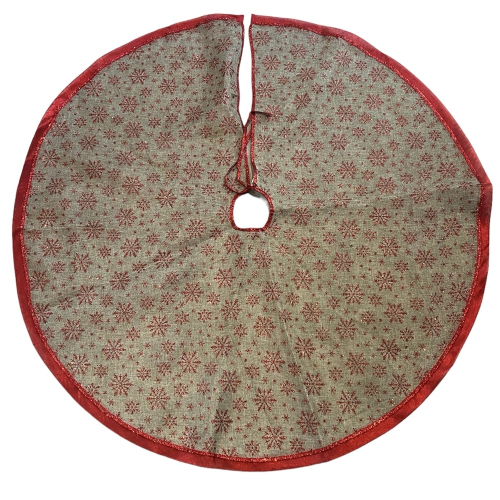 48” burlap and red sparkly snowflakes Christmas tree skirt NWOT